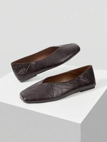 MOTF 女士法式复古纹理PU皮革石纹方头平底鞋，棕色百搭单踏板防滑简约休闲优雅高贵玛丽珍鞋