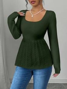 Elenzga Women's Casual Solid Color Waist Cinched Sweater - Green - View 6