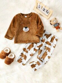 2 件套男婴卡通熊刺绣舒适休闲家居服套装，冬季
