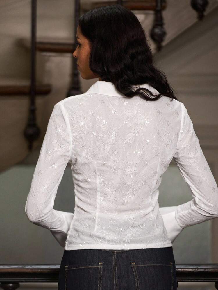 Fitted White Shirt With Lace Body, And Sequins On The Collar And Flared Cuffs Fall Women Clothes Autumn Winter