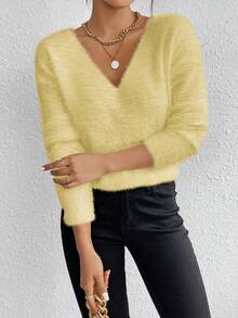EMERY ROSE White V-Neck Casual Soft Knit Sweater, Long Sleeve Pullover Top, Autumn/Winter - Light Yellow - View 5