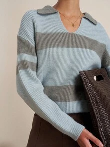 Airaco Suéter de punto con cuello polo a rayas, diseño corto único - verde menta - Ver 6