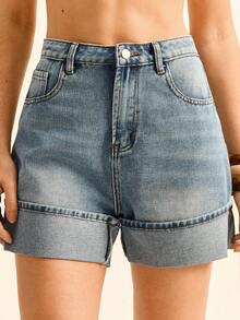 Daynim 女士休闲度假卷边牛仔短裤 - 中等水洗藍 - 查看 3