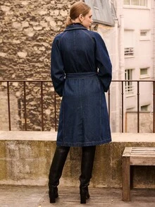 lacRébo Chic Denim Trench Coat With Belt And Double-Breasted Closure Spring Women Clothes Spring Summer - Dark Wash - View 4