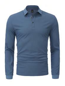 Manfinity Homme Men's Casual/Business Commute Simple Long Sleeve Polo Shirt, Spring/Autumn, Perfect Holiday Gift For Boyfriend & Husband - Teal Blue - View 3