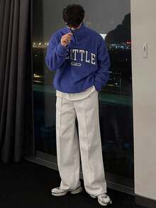 DAZY 男士字母刺绣四分之一拉链套头衫卫衣及长裤套装，秋季