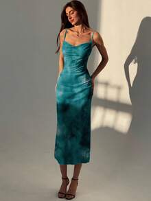 Aloruh Autumn Green Textured Tie-Dye Print Spaghetti Strap Bodycon Dress, Elegant For Vacation, Party, Gathering, Suitable For Autumn Long Dress, Daily Wear Teal - Green - View 4