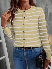 EMERY ROSE Áo khoác cardigan dệt kim mỏng đơn hàng ngày, tay dài, họa tiết sọc dành cho nữ, mùa thu - Nhiều màu - Xem 7