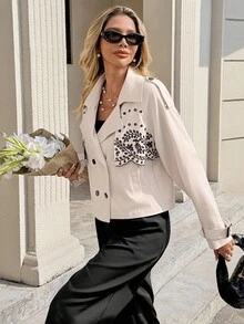 SHEIN Frenchy Women's Black Autumn Elegant Fluffy Office Short Trench Coat,Plant Embroidery Notched Lapel Double-Breasted Long Raglan Sleeve Casual Business Coat - Multicolor - View 4