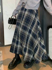 Livesso 女士高腰格子优雅通勤A字裙