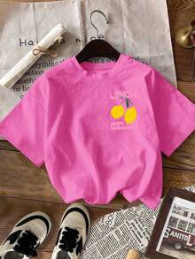 SHEIN LUNE Plus Size Summer Casual Lemon Letter Print T-Shirt - Hot Pink - View 2