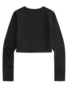 Y2Kool Aak 女士黑色肖像哥特式荆棘印花紧身长袖上衣，哥特风露脐上衣，冬季时尚新年装 - 黑色 - 查看 2