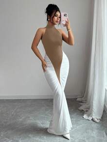 Elenzga Women's Black & White Color Block Halter Neck Cinched Waist Fishtail Hem Elegant Dress, Suitable For Commuting And Daily Wear - Mocha Brown - View 4