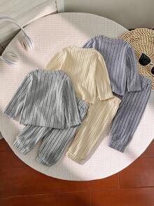 SHEIN Playful Pals 3 Stücke Baby-Outfit-Set, inklusive elastisch geripptem Oberteil und Hose, 2 Stücke Anzug, warm und dick für den Frühling, schicke Unisex-Outfits für Herbst/Winter