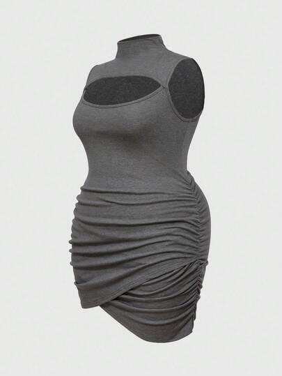 Vestido mini de cuello alto, ajustado y versátil con diseño hueco para tallas grandes