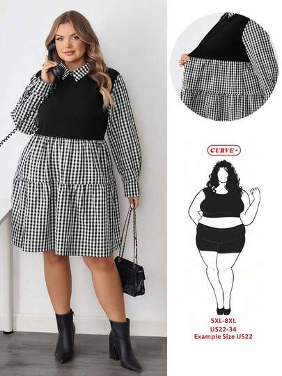 SHEIN CURVE+ Plus Size Women's Autumn And Winter Fashion Casual Loose Long Sleeve Black And White Plaid Splicing 2 In 1 Waist Dress,Fall Women Clothes,Work Wear,Cute Dress,Mommy And Me Dresses,Curve Outfits,Teacher Clothes,Black Long Sleeve Dress,Shirt Dress/Autumn /Winter