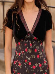 lacRébo Black Floral Print Long Dress With Velvet Bodice And Lace-Trimmed Neckline Fall Women Clothes Autumn Winter French Style Dress