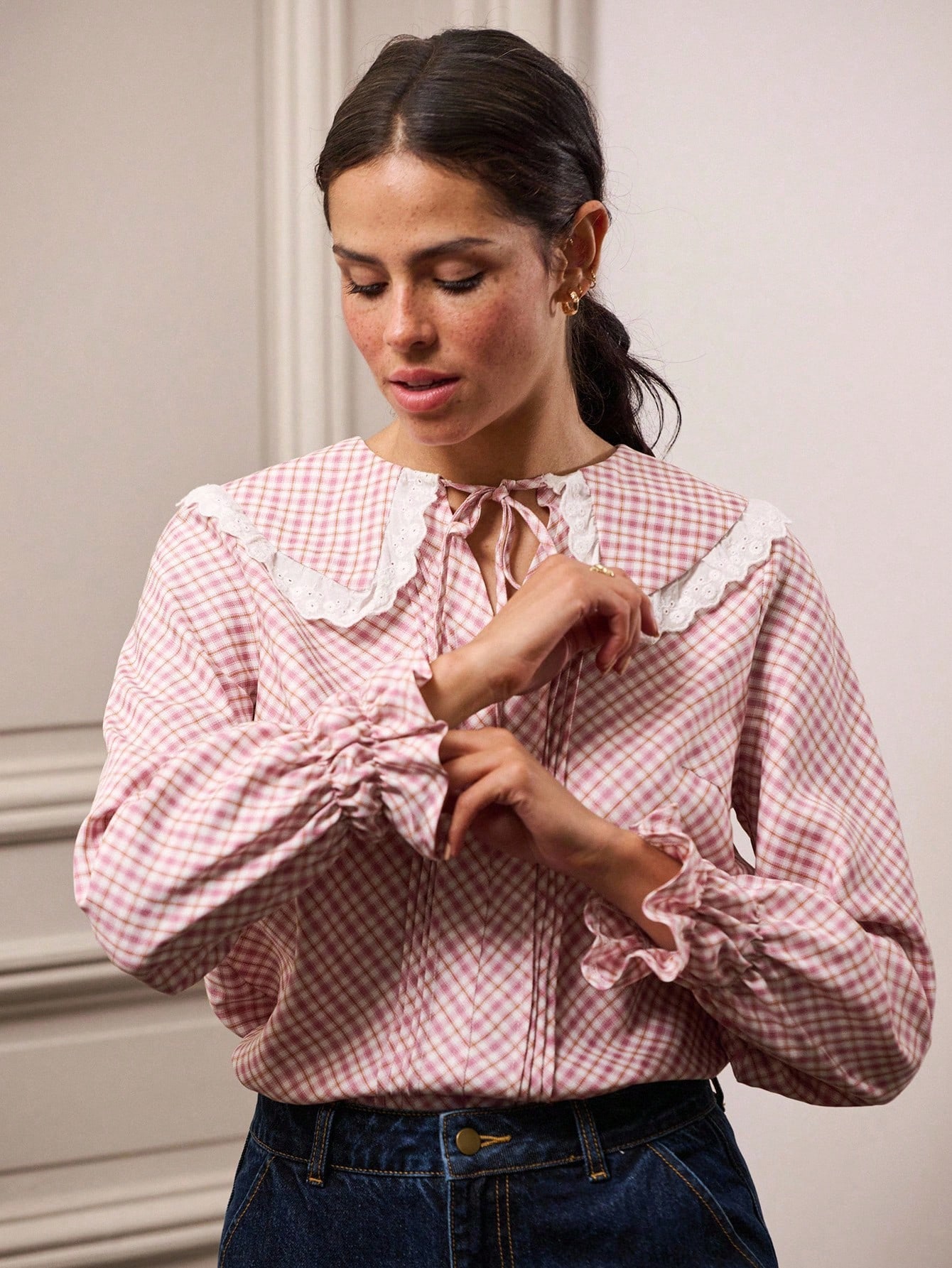 Pink Gingham Blouse With Lace-Trimmed Peter Pan Collar And Ruched Long Sleeves Fall Women Spring Summer Office