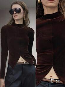 Uhlyne 女士优雅复古硬币型端庄时尚基本款高领不对称下摆修身通勤衬衫