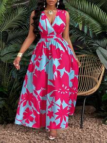SOLERSUN Women's Plus Size Simple Everyday All Over Print Deep-V Neck Sleeveless Long Dress (Random Printing) - Hot Pink - View 1