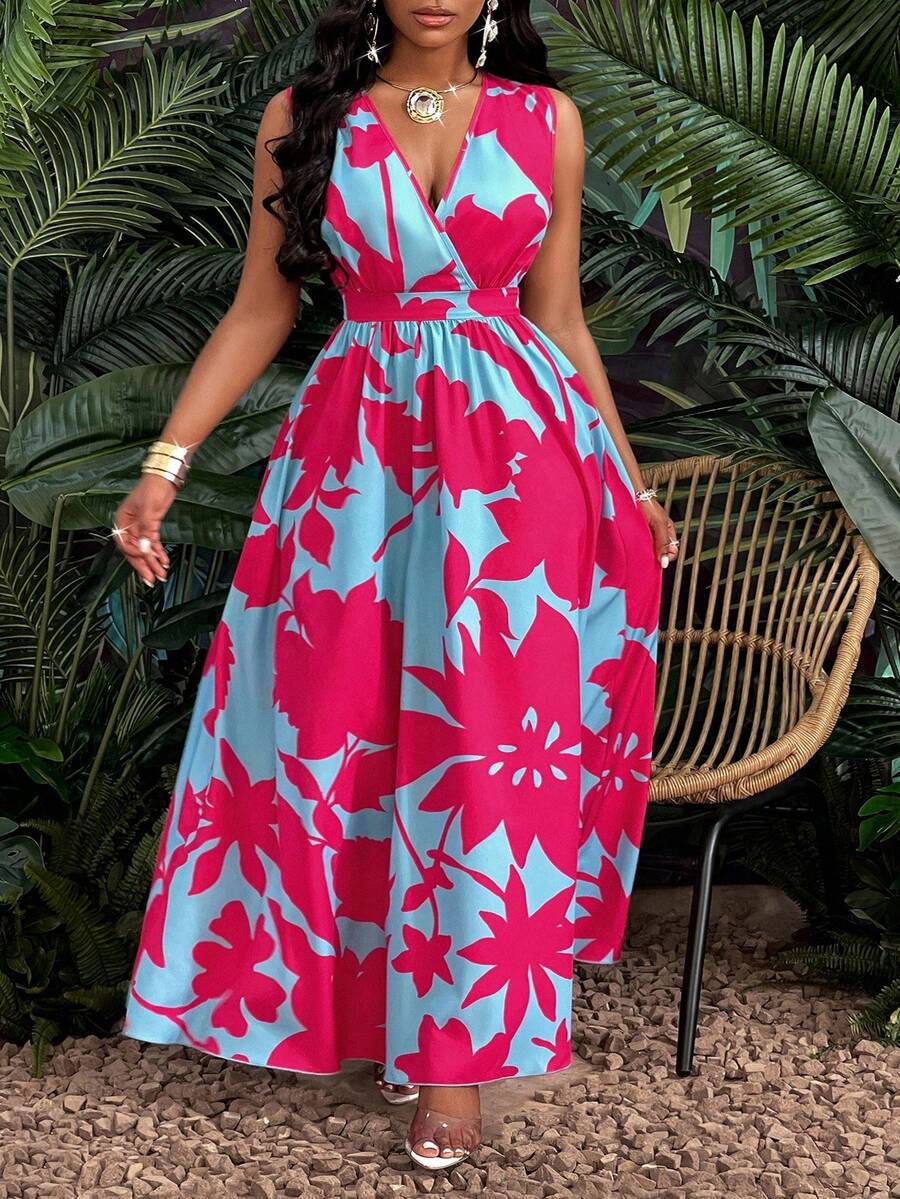 SOLERSUN Women's Plus Size Simple Everyday All Over Print Deep-V Neck Sleeveless Long Dress (Random Printing) - Hot Pink - View 1