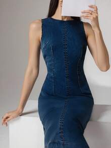 Heiryn 女士圆领无袖修身长款牛仔连衣裙，优雅牛仔连衣裙，FW25 - 中等水洗藍 - 查看 4