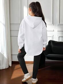 SHEIN 青少年女孩休闲连帽宽松落肩拼色蝴蝶结装饰不对称下摆运动衫和黑色紧身裤运动套装，黑白 - 黑與白 - 查看 2
