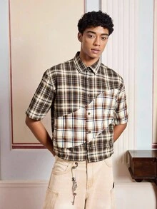 SWAVVY Men's Woven Casual Plaid Short Sleeve Shirt, Suitable For Summer - Khaki - View 3
