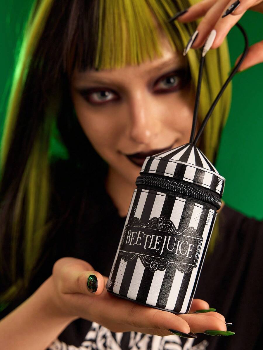 Beetlejuice X SHEIN 1 件 PU 皮革条纹图案圆柱形印花零钱包,适合存放硬币、钥匙、个人物品,适合男士、女士、学生, - 黑與白 - 查看 1