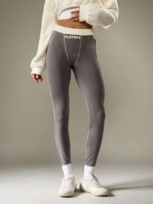 Missguided x Playboy Leggings con cintura de contraste con pespunte alto para uso casual diario - Gris - Ver 1
