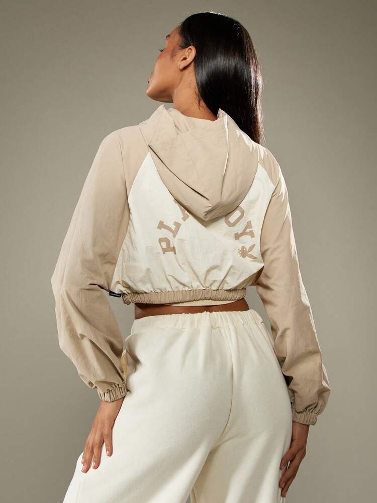 Missguided x Playboy Cropped Hooded Color Block Track Jacket With Front Zipper And Elastic Cuffs For Casual Style