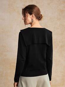 House of One Sailor Collar Button-Up Long Sleeves Black Sweater Top Women Autumn Winter Elegant Casual Wear