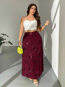 Firerie Plus Size Sequin Decor Casual Skirt - Burgundy - View 4