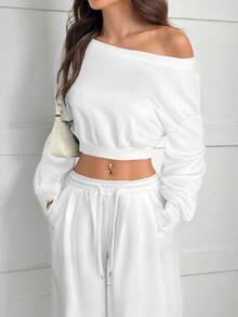 SHEIN EZwear 2 件套女士不对称领落肩短款上衣和阔腿休闲裤，秋季 - 白色 - 查看 4
