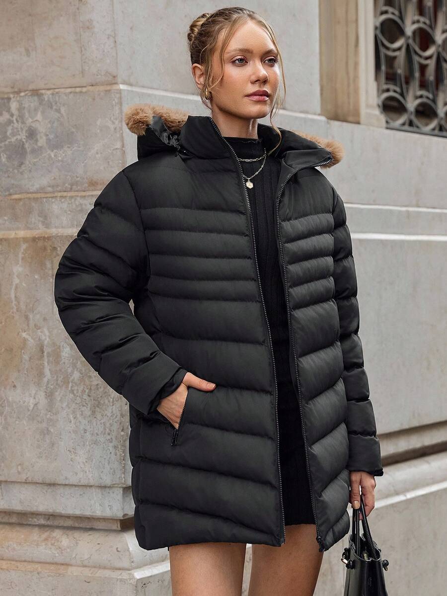 SHEIN Tall Glacier Edge Asymmetric-Zip Puffer Jacket - High-Neck, Wind-Resistant, Insulated Warmth With Hidden Side Pockets & Urban Luxe Finish - Black - View 1