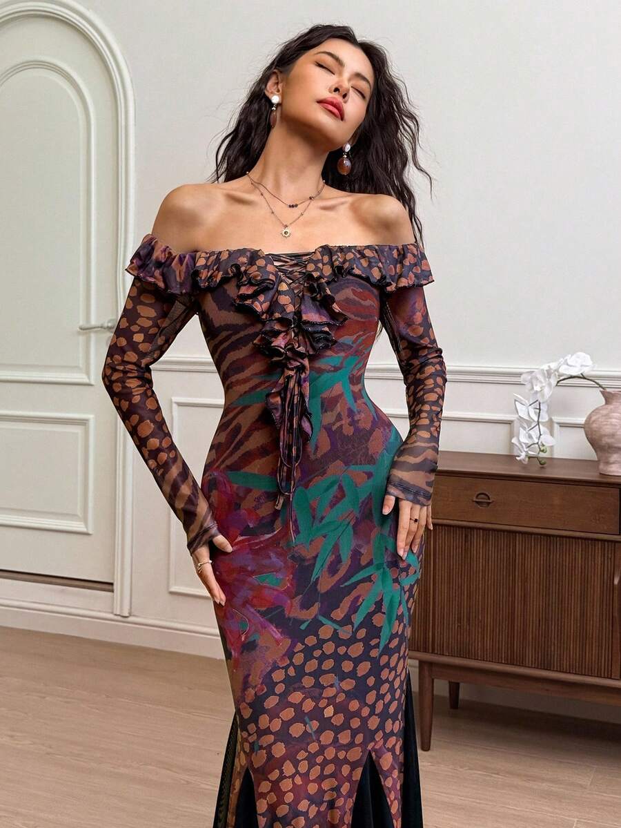 EastFlair Vestido de manga larga con hombros descubiertos y estampado total para mujer - Multicolor - Ver 1
