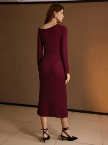 MOTF PREMIUM 秋冬款开叉紧身毛衣裙 - 紅色 - 查看 3