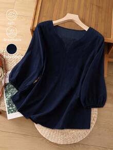 Bluzka Linhara Plus Size damska, elegancka, z długim rękawem i dekoltem w serek, w kolorze żółtym, haftowana, modna na jesienne ubrania