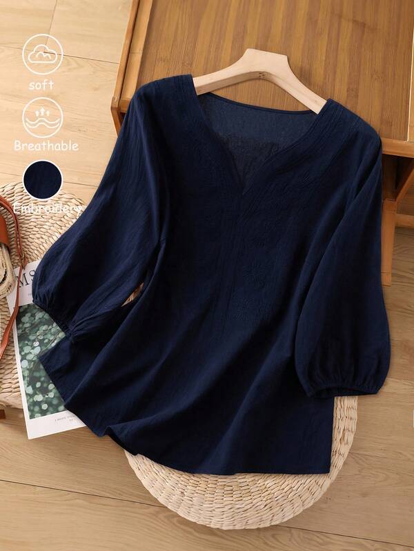 Linhara Bluzka Linhara Plus Size damska, elegancka, z długim rękawem i dekoltem w serek, w kolorze żółtym, haftowana, modna na jesienne ubrania