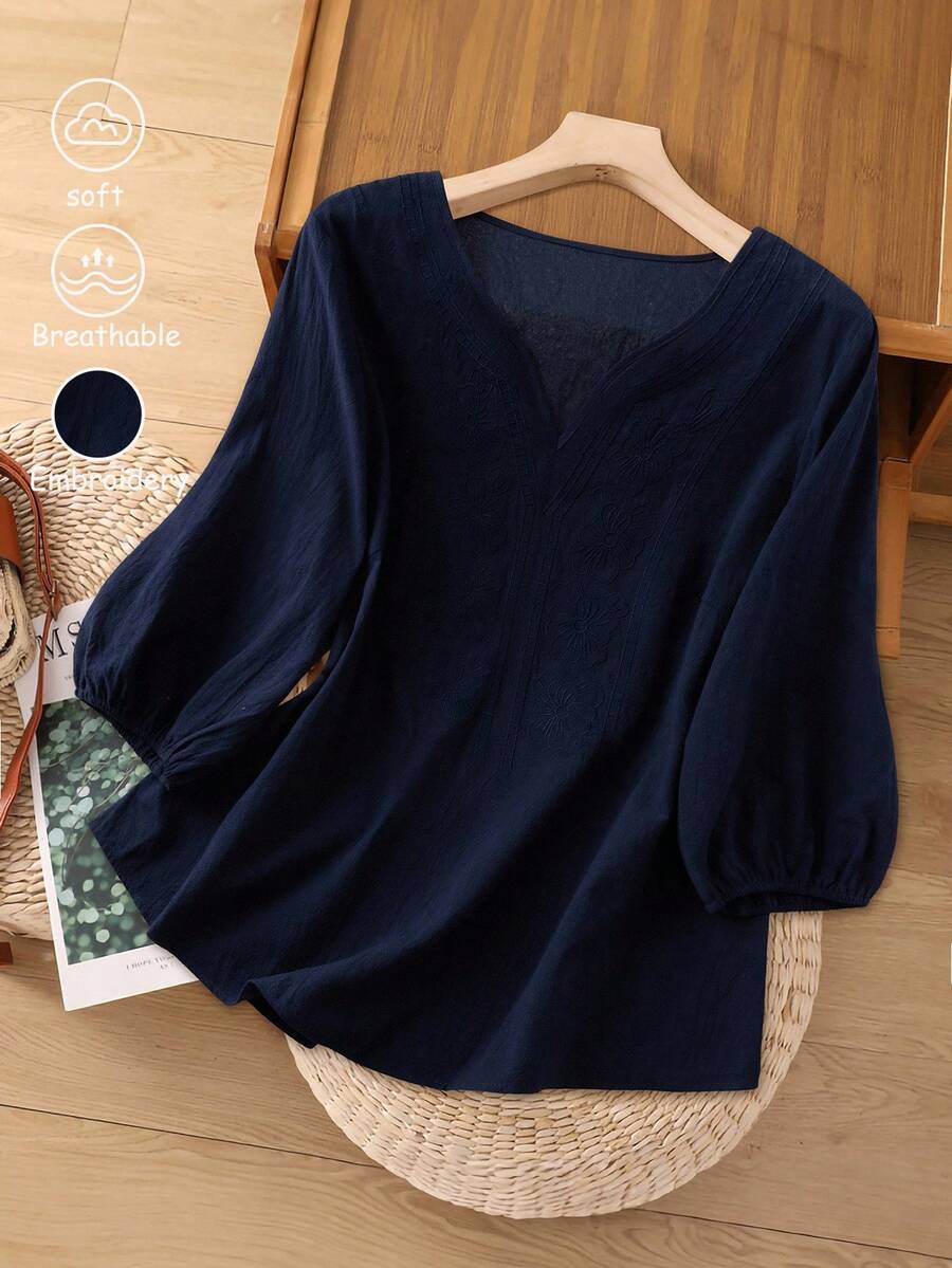 Bluzka Linhara Plus Size damska, elegancka, z długim rękawem i dekoltem w serek, w kolorze żółtym, haftowana, modna na jesienne ubrania