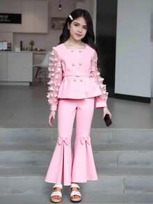 SHEIN Tween Girls 2pcs Minimalist Blazer Design Jacket & Extra Long Flare Pants Set With Mesh Fabric - Pink - View 1