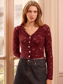 lacRébo Lace Button-Up Top With V-Neck And Gold Buttons Spring Summer - Burgundy - View 3