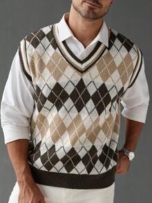 OTTIMOZO Men's Argyle Pattern Color Block V-Neck Knit Sweater Vest For Men Crochet Set Sleeveless Sweater Men Knit Tops Jumper For Men, Fall Winter - Multicolor - View 3