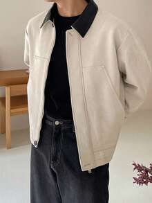 DAZY Men's Patchwork Collar Suede Fabric Beige Jacket And Coat, Autumn