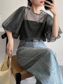 FRIFUL 女式纯棕色圆领泡泡袖透视网眼宽松休闲分层上衣