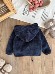 SHEIN 男婴幼儿新生儿0-3岁可爱休闲日常百搭泰迪熊刺绣羊毛连帽夹克 - 藍色 - 查看 2