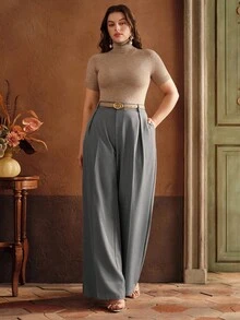 Anewsta Pantalones rectos de oficina de moda elegante para mujer de talla grande, color negro - Gris Claro - Ver 1