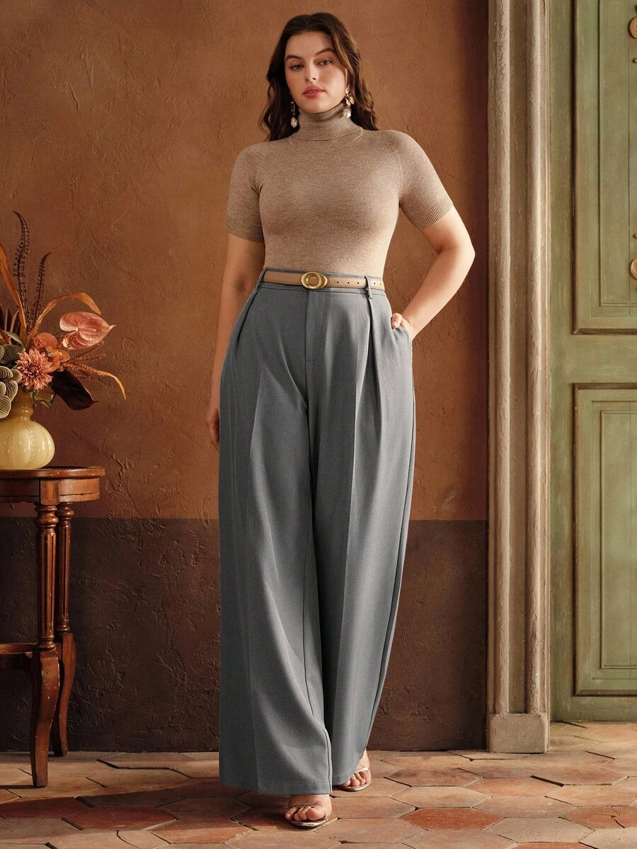 Anewsta Pantalones rectos de oficina de moda elegante para mujer de talla grande, color negro - Gris Claro - Ver 1