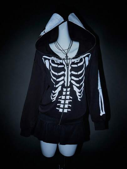 SHEIN ICON Kadınlar İçin İskelet Yansıtıcı Karanlıkta Parlayan Tasarımlı Sweatshirt Ceket, Cadılar Bayramı ve Günlük Giyim İçin Uygun, Sonbahar/Kış İçin Uzun Kollu Kapüşonlu