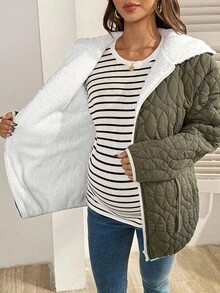 SHEIN Maternity Casual Drawstring Waist Hooded Jacket With Thermal Lined, Autumn/Winter Quilted Maternity Jacket Maternity Winter Coat Green Maternity Jacket Maternity Jacket Plus Size Maternity Coat Chic - Army Green - View 2